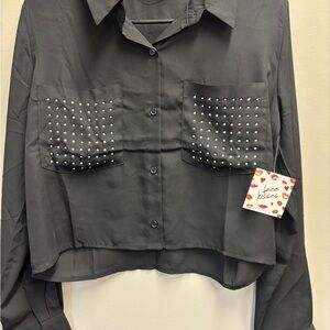 NWT Free Kisses Black Embellished Crop Button Down Shirt